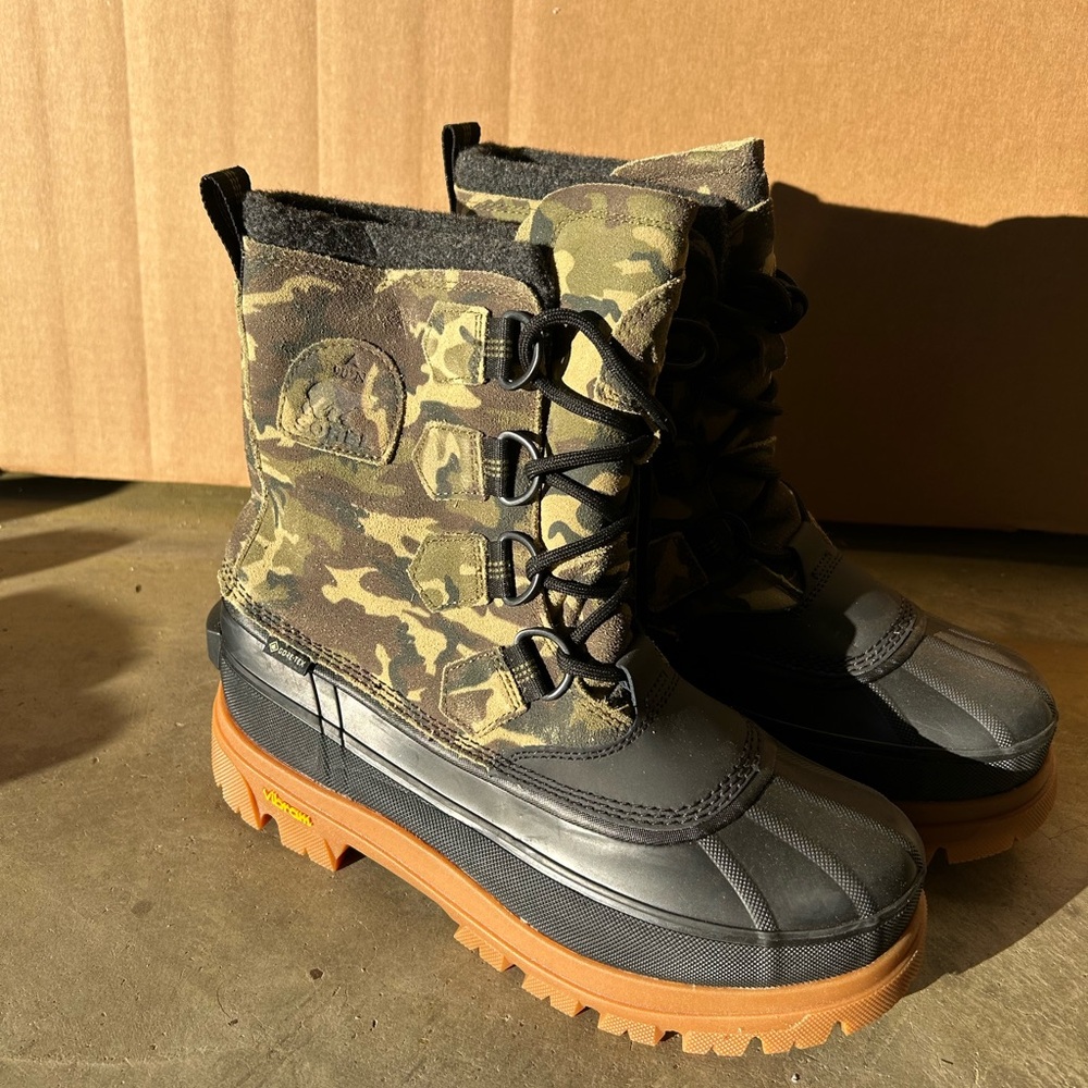 Sorel Men's Camo Black Duck Boots with Brown Soles